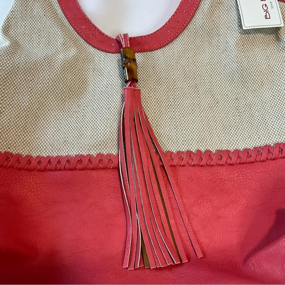 Big Buddha Hobo Bag Women Large Coral Pink NWT Tassel Bamboo Boho Canvas Good